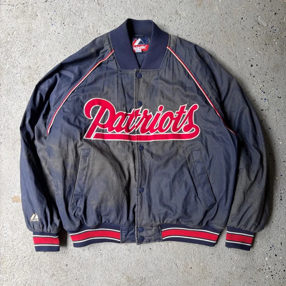 Vintage Majestic New England Patriots Bomber Jacket Navy Blue Distressed Mens L